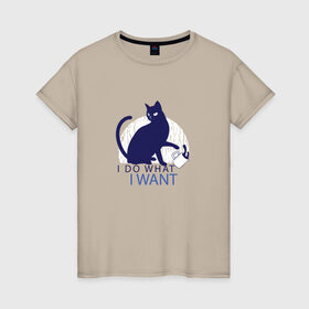 Женская футболка хлопок с принтом Бунтующий котик в Санкт-Петербурге, 100% хлопок | прямой крой, круглый вырез горловины, длина до линии бедер, слегка спущенное плечо | black cat | cat | cats | cute | i do what i want | kawaii | kitten | kitty | pussycat | rebel | бунтарь | возмущение | делаю что хочу | злой кот | кавайи | котенок | коты | котята | люблю котов | протест | роняет | роняют | сбрасывает кружку 