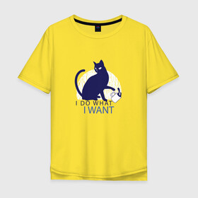 Мужская футболка хлопок Oversize с принтом Бунтующий котик в Санкт-Петербурге, 100% хлопок | свободный крой, круглый ворот, “спинка” длиннее передней части | black cat | cat | cats | cute | i do what i want | kawaii | kitten | kitty | pussycat | rebel | бунтарь | возмущение | делаю что хочу | злой кот | кавайи | котенок | коты | котята | люблю котов | протест | роняет | роняют | сбрасывает кружку 