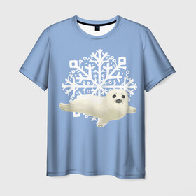 Мужская футболка 3D с принтом Беляк в Санкт-Петербурге, 100% полиэфир | прямой крой, круглый вырез горловины, длина до линии бедер | белый | беляк | детёныш | зима | лазурно серый | милота | милый | синий | снег | снежинка | тюлень