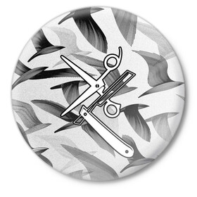 Значок с принтом Барбер в Санкт-Петербурге,  металл | круглая форма, металлическая застежка в виде булавки | барбер | бритва | ножницы | опасная бритва | птицы | рисунок