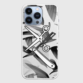 Чехол для iPhone 13 Pro с принтом Барбер в Санкт-Петербурге,  |  | Тематика изображения на принте: барбер | бритва | ножницы | опасная бритва | птицы | рисунок