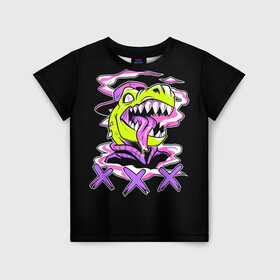 Детская футболка 3D с принтом Кислотный динозавр в Санкт-Петербурге, 100% гипоаллергенный полиэфир | прямой крой, круглый вырез горловины, длина до линии бедер, чуть спущенное плечо, ткань немного тянется | безумие | динозавр | животные | килоста | кислотный | рекс | тиранозавр | эйфория