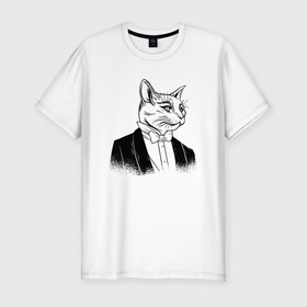 Мужская футболка хлопок Slim с принтом Сэр Кот Джентльмен в Санкт-Петербурге, 92% хлопок, 8% лайкра | приталенный силуэт, круглый вырез ворота, длина до линии бедра, короткий рукав | Тематика изображения на принте: black cat | cat | cats | cute | gentleman | kawaii | kitten | kitty | pussycat | sir cat | в костюме | кавайи | котенок | коты | котята | кошка | люблю котов | пиджак | прикол | рисунок кота | черный кот | юмор