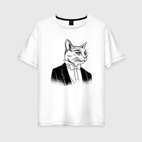 Женская футболка хлопок Oversize с принтом Сэр Кот Джентльмен в Санкт-Петербурге, 100% хлопок | свободный крой, круглый ворот, спущенный рукав, длина до линии бедер
 | black cat | cat | cats | cute | gentleman | kawaii | kitten | kitty | pussycat | sir cat | в костюме | кавайи | котенок | коты | котята | кошка | люблю котов | пиджак | прикол | рисунок кота | черный кот | юмор