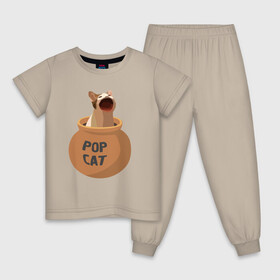 Детская пижама хлопок с принтом Pop Cat (орущий кот в горшке) в Санкт-Петербурге, 100% хлопок |  брюки и футболка прямого кроя, без карманов, на брюках мягкая резинка на поясе и по низу штанин
 | cat | pop cat | wide mouthed popping cat | буп | кот | котик