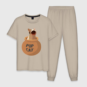 Мужская пижама хлопок с принтом Pop Cat (орущий кот в горшке) в Санкт-Петербурге, 100% хлопок | брюки и футболка прямого кроя, без карманов, на брюках мягкая резинка на поясе и по низу штанин
 | cat | pop cat | wide mouthed popping cat | буп | кот | котик