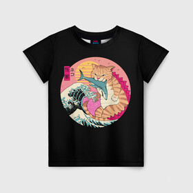 Детская футболка 3D с принтом CATZILLA в Санкт-Петербурге, 100% гипоаллергенный полиэфир | прямой крой, круглый вырез горловины, длина до линии бедер, чуть спущенное плечо, ткань немного тянется | Тематика изображения на принте: cat | cats | catzilla | godzilla | japan | kaiju | neko | ninja | retro | samurai | shark | wave | yakuza | акула | волна | годзилла | кайдзю | катана | кот | котенок | котзилла | коты | котэ | котята | кошка | неко | ниндзя | ретро | самурай | якудза