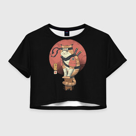Женская футболка Crop-top 3D с принтом Кот Ниндзя в Санкт-Петербурге, 100% полиэстер | круглая горловина, длина футболки до линии талии, рукава с отворотами | cat | cats | japan | ninja | samurai | yakuza | катана | кот | котенок | коты | котэ | котята | кошка | ниндзя | самурай | якудза | япония