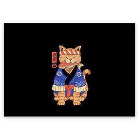 Поздравительная открытка с принтом Суши Мастер в Санкт-Петербурге, 100% бумага | плотность бумаги 280 г/м2, матовая, на обратной стороне линовка и место для марки
 | Тематика изображения на принте: cat | cats | japan | master | ninja | samurai | sushi | yakuza | катана | кот | котенок | коты | котэ | котята | кошка | мастер | ниндзя | самурай | суши | якудза | япония