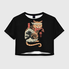 Женская футболка Crop-top 3D с принтом Cat Wave в Санкт-Петербурге, 100% полиэстер | круглая горловина, длина футболки до линии талии, рукава с отворотами | cat | cats | japan | ninja | samurai | shogun | wave | yakuza | волна | катана | кот | котенок | коты | котэ | котята | кошка | ниндзя | самурай | сёгун | якудза | япония