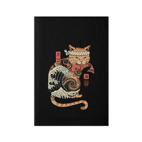 Обложка для паспорта матовая кожа с принтом Cat Wave в Санкт-Петербурге, натуральная матовая кожа | размер 19,3 х 13,7 см; прозрачные пластиковые крепления | Тематика изображения на принте: cat | cats | japan | ninja | samurai | shogun | wave | yakuza | волна | катана | кот | котенок | коты | котэ | котята | кошка | ниндзя | самурай | сёгун | якудза | япония