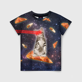 Детская футболка 3D с принтом Котик в космосе в Санкт-Петербурге, 100% гипоаллергенный полиэфир | прямой крой, круглый вырез горловины, длина до линии бедер, чуть спущенное плечо, ткань немного тянется | nyan cat | youtube | еда | космос | котик | мемы | пицца | психоделика | ютуб