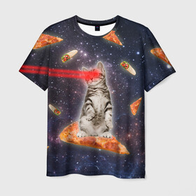 Мужская футболка 3D с принтом Котик в космосе в Санкт-Петербурге, 100% полиэфир | прямой крой, круглый вырез горловины, длина до линии бедер | Тематика изображения на принте: nyan cat | youtube | еда | космос | котик | мемы | пицца | психоделика | ютуб