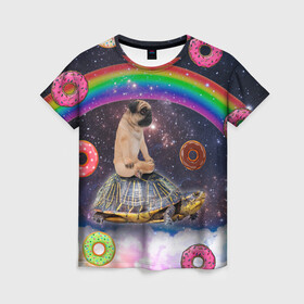 Женская футболка 3D с принтом Мопс на черепахе в космосе в Санкт-Петербурге, 100% полиэфир ( синтетическое хлопкоподобное полотно) | прямой крой, круглый вырез горловины, длина до линии бедер | космос | мемы | мопс | психоделика | собака | черепаха