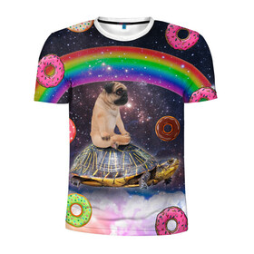 Мужская футболка 3D спортивная с принтом Мопс на черепахе в космосе в Санкт-Петербурге, 100% полиэстер с улучшенными характеристиками | приталенный силуэт, круглая горловина, широкие плечи, сужается к линии бедра | космос | мемы | мопс | психоделика | собака | черепаха