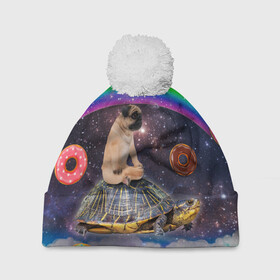 Шапка 3D c помпоном с принтом Мопс на черепахе в космосе в Санкт-Петербурге, 100% полиэстер | универсальный размер, печать по всей поверхности изделия | космос | мемы | мопс | психоделика | собака | черепаха