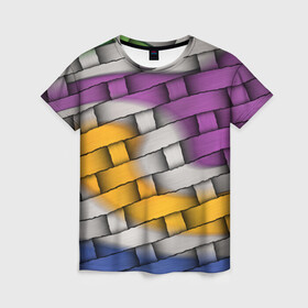 Женская футболка 3D с принтом АБСТРАКТ в Санкт-Петербурге, 100% полиэфир ( синтетическое хлопкоподобное полотно) | прямой крой, круглый вырез горловины, длина до линии бедер | молодежное | плетение | плетенка | хайп | цветное | циновка