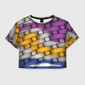 Женская футболка Crop-top 3D с принтом АБСТРАКТ в Санкт-Петербурге, 100% полиэстер | круглая горловина, длина футболки до линии талии, рукава с отворотами | молодежное | плетение | плетенка | хайп | цветное | циновка