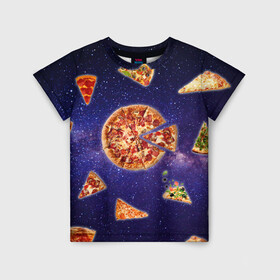 Детская футболка 3D с принтом Пицца в космосе в Санкт-Петербурге, 100% гипоаллергенный полиэфир | прямой крой, круглый вырез горловины, длина до линии бедер, чуть спущенное плечо, ткань немного тянется | meat | pizza | space | youtube | еда | космос | мемы | пицца | психоделика | ютуб