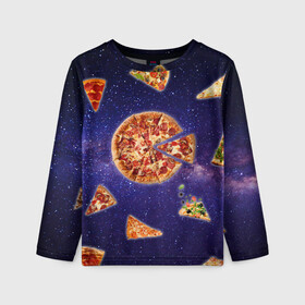 Детский лонгслив 3D с принтом Пицца в космосе в Санкт-Петербурге, 100% полиэстер | длинные рукава, круглый вырез горловины, полуприлегающий силуэт
 | meat | pizza | space | youtube | еда | космос | мемы | пицца | психоделика | ютуб