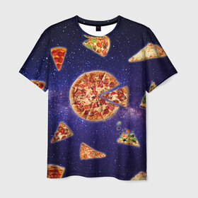 Мужская футболка 3D с принтом Пицца в космосе в Санкт-Петербурге, 100% полиэфир | прямой крой, круглый вырез горловины, длина до линии бедер | meat | pizza | space | youtube | еда | космос | мемы | пицца | психоделика | ютуб