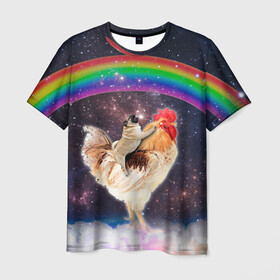 Мужская футболка 3D с принтом Мопс на курице в космосе в Санкт-Петербурге, 100% полиэфир | прямой крой, круглый вырез горловины, длина до линии бедер | Тематика изображения на принте: mene | space | youtube | космос | курица | мемы | мопс | петух | психоделика | собака | ютуб