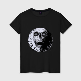 Женская футболка хлопок с принтом Луна Череп в Санкт-Петербурге, 100% хлопок | прямой крой, круглый вырез горловины, длина до линии бедер, слегка спущенное плечо | Тематика изображения на принте: creepy | devil | halloween | hand | hands | horror | moon | satan | scream | skull | spooky | zombie | зомби | кратер | крик | крипота | лунный череп | мистика | мистицизм | руки | сатанизм | ужасы | хеллоуин | хоррор | хоррор мерч | хэллоуин |