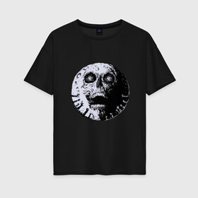 Женская футболка хлопок Oversize с принтом Луна Череп в Санкт-Петербурге, 100% хлопок | свободный крой, круглый ворот, спущенный рукав, длина до линии бедер
 | creepy | devil | halloween | hand | hands | horror | moon | satan | scream | skull | spooky | zombie | зомби | кратер | крик | крипота | лунный череп | мистика | мистицизм | руки | сатанизм | ужасы | хеллоуин | хоррор | хоррор мерч | хэллоуин |