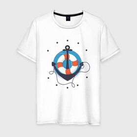 Мужская футболка хлопок с принтом Якорь в Санкт-Петербурге, 100% хлопок | прямой крой, круглый вырез горловины, длина до линии бедер, слегка спущенное плечо. | звезды | минимализм | рисунок | спасательный круг | якорь