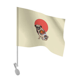 Флаг для автомобиля с принтом Мопс в Санкт-Петербурге, 100% полиэстер | Размер: 30*21 см | мопс | мопсик | мопсики | самурай | собака | солнце | тату | япония | японское