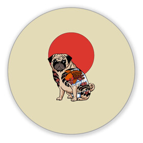 Коврик для мышки круглый с принтом Мопс в Санкт-Петербурге, резина и полиэстер | круглая форма, изображение наносится на всю лицевую часть | мопс | мопсик | мопсики | самурай | собака | солнце | тату | япония | японское