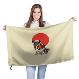 Флаг 3D с принтом Мопс в Санкт-Петербурге, 100% полиэстер | плотность ткани — 95 г/м2, размер — 67 х 109 см. Принт наносится с одной стороны | мопс | мопсик | мопсики | самурай | собака | солнце | тату | япония | японское