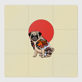 Магнитный плакат 3Х3 с принтом Мопс в Санкт-Петербурге, Полимерный материал с магнитным слоем | 9 деталей размером 9*9 см | мопс | мопсик | мопсики | самурай | собака | солнце | тату | япония | японское