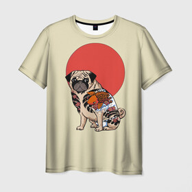 Мужская футболка 3D с принтом Мопс в Санкт-Петербурге, 100% полиэфир | прямой крой, круглый вырез горловины, длина до линии бедер | Тематика изображения на принте: мопс | мопсик | мопсики | самурай | собака | солнце | тату | япония | японское