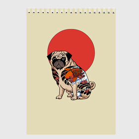 Скетчбук с принтом Мопс в Санкт-Петербурге, 100% бумага
 | 48 листов, плотность листов — 100 г/м2, плотность картонной обложки — 250 г/м2. Листы скреплены сверху удобной пружинной спиралью | мопс | мопсик | мопсики | самурай | собака | солнце | тату | япония | японское