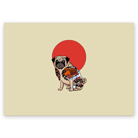Поздравительная открытка с принтом Мопс в Санкт-Петербурге, 100% бумага | плотность бумаги 280 г/м2, матовая, на обратной стороне линовка и место для марки
 | мопс | мопсик | мопсики | самурай | собака | солнце | тату | япония | японское