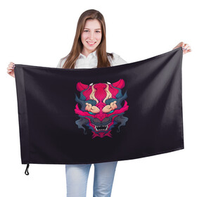 Флаг 3D с принтом Японский дьявол в Санкт-Петербурге, 100% полиэстер | плотность ткани — 95 г/м2, размер — 67 х 109 см. Принт наносится с одной стороны | дьявол | закат | иньйань | иньянь | катана | катаны | самураи | самурай | япония | японское