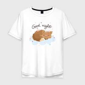 Мужская футболка хлопок Oversize с принтом Спящий котик в Санкт-Петербурге, 100% хлопок | свободный крой, круглый ворот, “спинка” длиннее передней части | Тематика изображения на принте: cat | good night | милый котенок | спящий кот | цветы