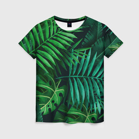 Женская футболка 3D с принтом Сочные тропики в Санкт-Петербурге, 100% полиэфир ( синтетическое хлопкоподобное полотно) | прямой крой, круглый вырез горловины, длина до линии бедер | заросли | кусты | лето | листья | пальма | тропики. зелень