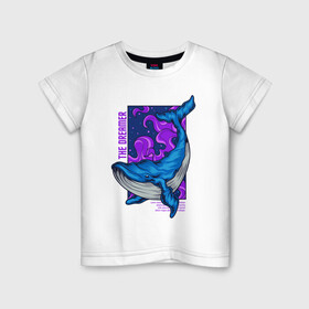 Детская футболка хлопок с принтом Кит The dreamer в Санкт-Петербурге, 100% хлопок | круглый вырез горловины, полуприлегающий силуэт, длина до линии бедер | Тематика изображения на принте: кит | кит the dreamer | мечтатель | море | океан | синий кит