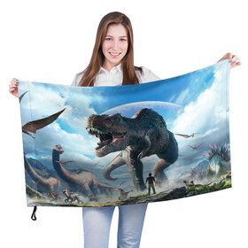 Флаг 3D с принтом Ark Survival Evolved в Санкт-Петербурге, 100% полиэстер | плотность ткани — 95 г/м2, размер — 67 х 109 см. Принт наносится с одной стороны | ark | ark survival | dino | t rex | арк | арк сурвайвал | дино | динозавр | динозавры | спинозавр | тираннозавр