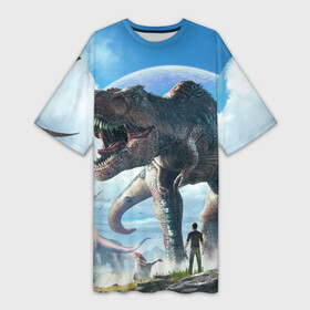 Платье-футболка 3D с принтом Ark Survival Evolved в Санкт-Петербурге,  |  | ark | ark survival | dino | t rex | арк | арк сурвайвал | дино | динозавр | динозавры | спинозавр | тираннозавр