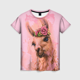 Женская футболка 3D с принтом лама с цветами в Санкт-Петербурге, 100% полиэфир ( синтетическое хлопкоподобное полотно) | прямой крой, круглый вырез горловины, длина до линии бедер | llama | альпака | животные | лама