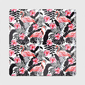 Магнит виниловый Квадрат с принтом фламинго и попугаи в Санкт-Петербурге, полимерный материал с магнитным слоем | размер 9*9 см, закругленные углы | птицы | тропики | фламинго