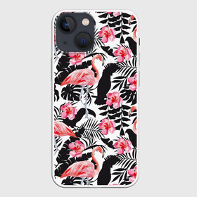 Чехол для iPhone 13 mini с принтом фламинго и попугаи в Санкт-Петербурге,  |  | птицы | тропики | фламинго