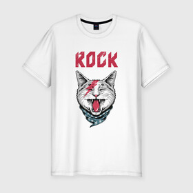 Мужская футболка хлопок Slim с принтом КОТ РОК в Санкт-Петербурге, 92% хлопок, 8% лайкра | приталенный силуэт, круглый вырез ворота, длина до линии бедра, короткий рукав | cat | rock | кот | кот рок | котик | кошак | кошка | рок | рок кот