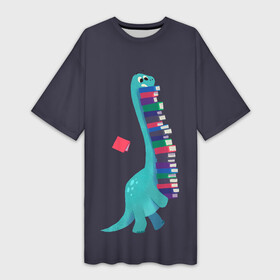 Платье-футболка 3D с принтом Book Dinosaur в Санкт-Петербурге,  |  | barosaurus | book | books | dino | dinosaur | knowledge | study | барозавр | знания | книга | книги | книжный