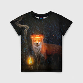Детская футболка 3D с принтом Лиса с огненной короной в Санкт-Петербурге, 100% гипоаллергенный полиэфир | прямой крой, круглый вырез горловины, длина до линии бедер, чуть спущенное плечо, ткань немного тянется | Тематика изображения на принте: fox | foxy | животное | звери | лиса | лисенок | лисичка | милая | рыжая | фокс