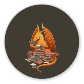 Коврик для мышки круглый с принтом Book Dragon в Санкт-Петербурге, резина и полиэстер | круглая форма, изображение наносится на всю лицевую часть | Тематика изображения на принте: book | books | dragon | knowledge | professor | study | tea | wyvern | виверна | дракон | знания | книга | книги | книжный | профессор | чай