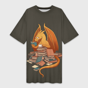 Платье-футболка 3D с принтом Book Dragon в Санкт-Петербурге,  |  | book | books | dragon | knowledge | professor | study | tea | wyvern | виверна | дракон | знания | книга | книги | книжный | профессор | чай